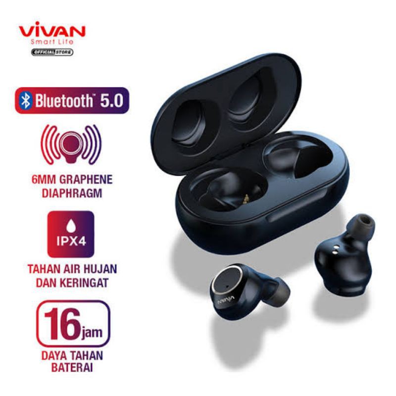 VIVAN Liberty T100S TWS Headset Bluetooth Waterproof - Black