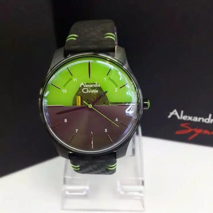 AC alexandre Christie 8503 signatur unisex jam tangan original  kulit hitamcombi hijau