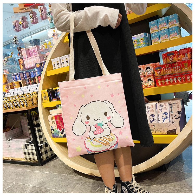 Drozenb Tas Tote Wanita Bahan Canvas Model Korea Motif Kartun/Totebag Canvas Korea/Tas Totebag Fashion Resleting/Tas Totebag Kekinian/Totebag Casual Bahan Canvas