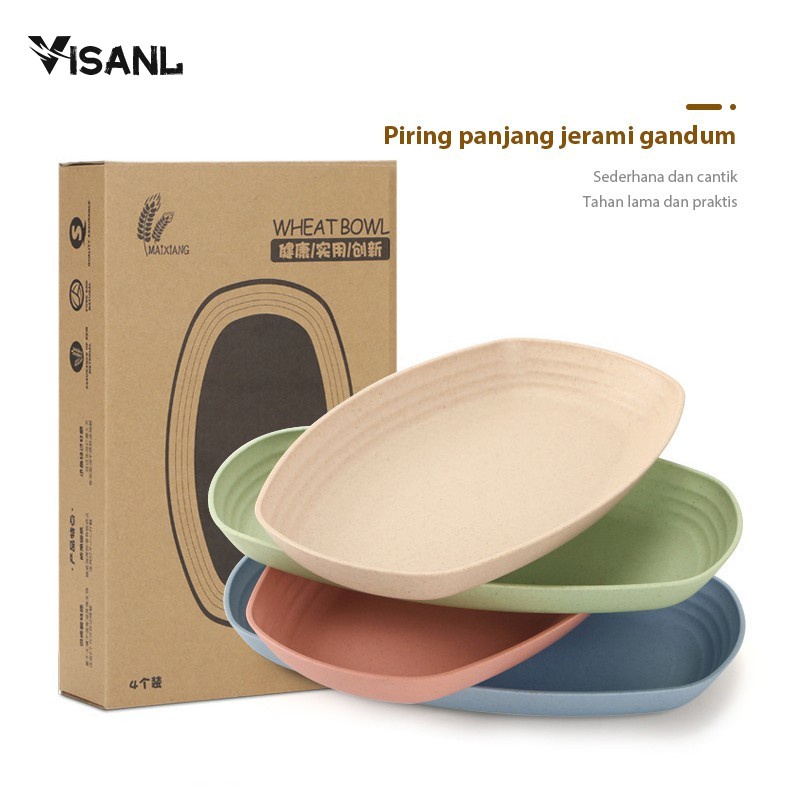 Piring Set Piring Bentuk Oval Kotak Mix Warna Isi 4 Pcs Lonjong Dinner Plate Jerami Gandum