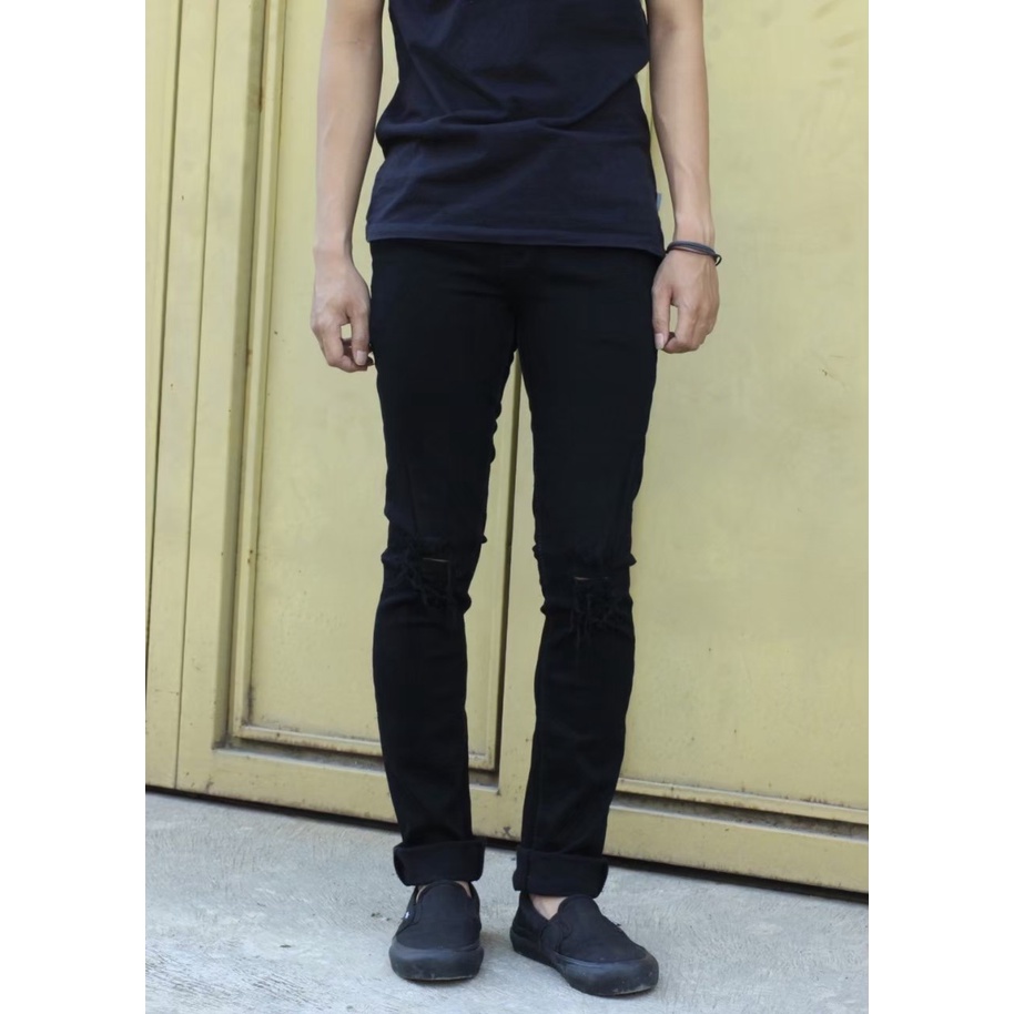 Celana Jeans Sobek lutut Pria Ripped / Celana Panjang Street Melar Skinny