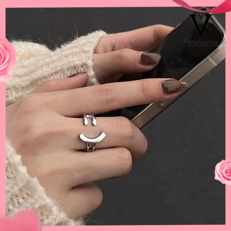 [COD]Cincin Model Terbuka Adjustable Desain Smiling Face Warna Silver Untuk Wanita-FA