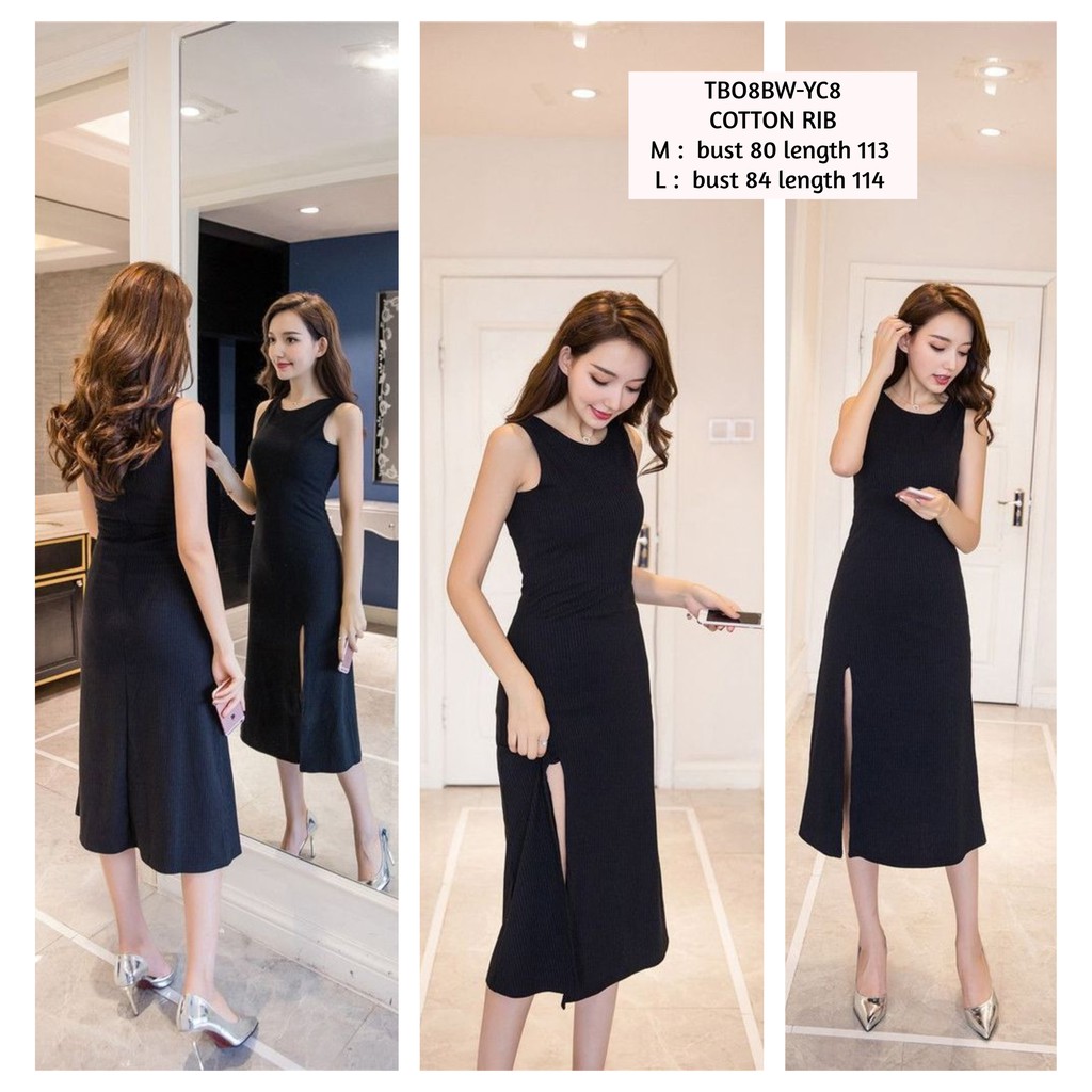 TBO8BW dress hitam polos dress rajut dress belah dress slit dress selutut dress sexy dress simple