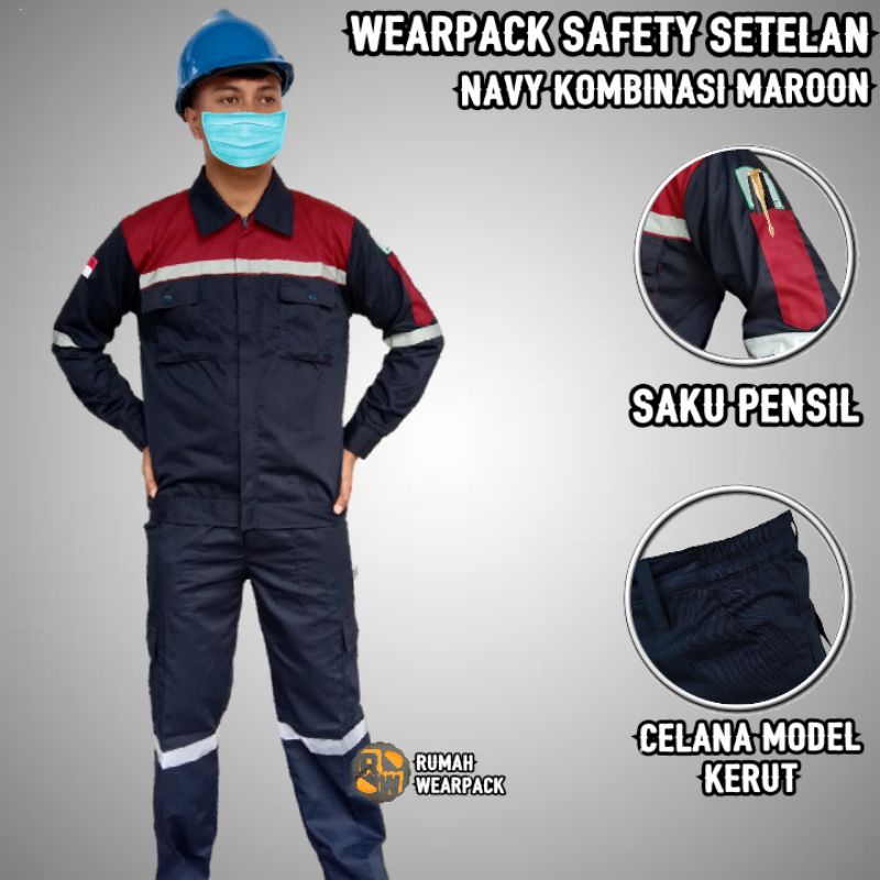 Wearpack Proyek dan Celana Kerja Setelan Navy Kombinasi Merah Maroon