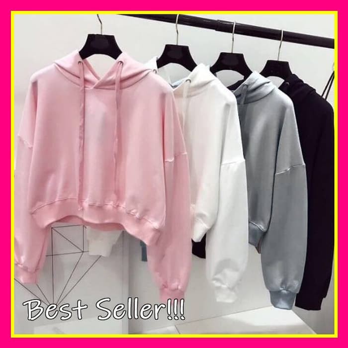 Jaket Crop Hoodie Basic Hitam Sweater Putih Pink Cewek