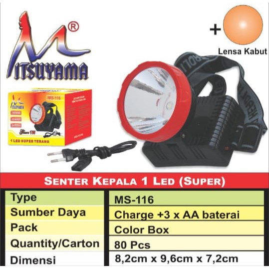 Senter Kepala LED Mitsuyama MS-116 /Senter Kepala Cas Mitsuyama MS-116