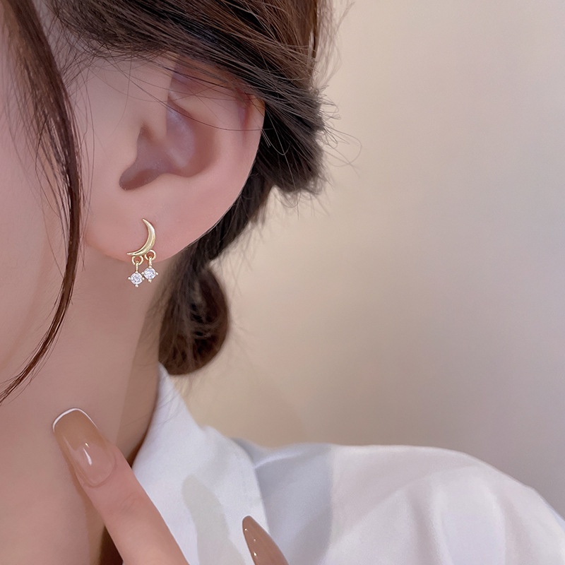 Korea Gaya Sederhana Anting Bintang Bulan Emas Pejantan Baja Titanium Perhiasan Fashion Wanita S925 Sterling Perak Jatuhkan Anting Earrings