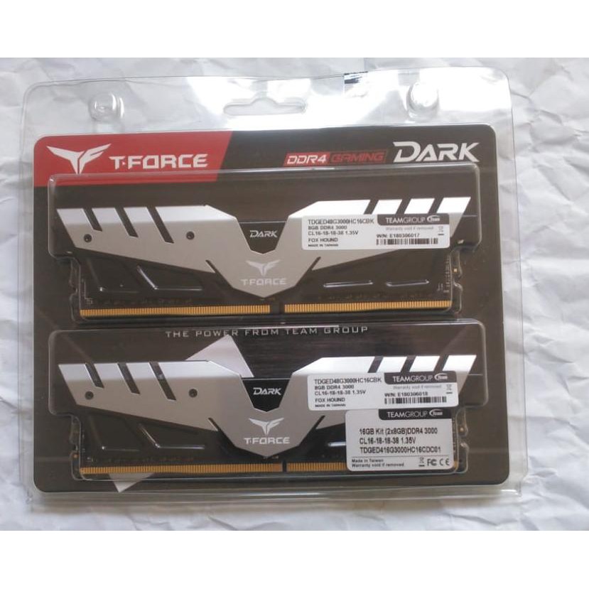 16GB (2 X 8GB) 3000Mhz (PC4 24000) Team T-Force Dark DDR4