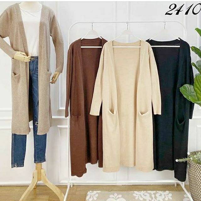 Cardigan  laris outer wanita panjang selutut bahan rajut