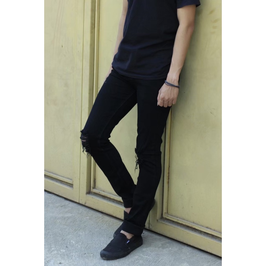 Celana Jeans Sobek lutut Pria Ripped / Celana Panjang Street Melar Skinny