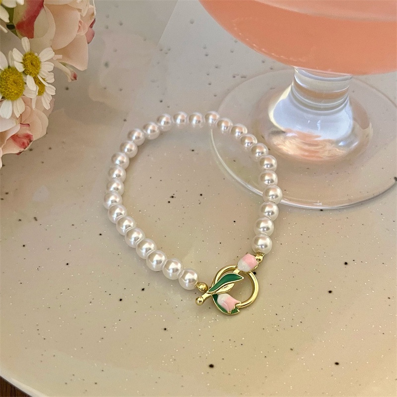 Gelang Mutiara Desain Bunga Tulip Pink Untuk Musim Panas