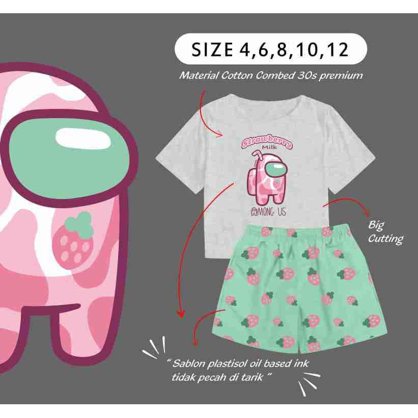 Setelan Kaos Anak Perempuan Ammigoz Motif Among Us Model Strawberry