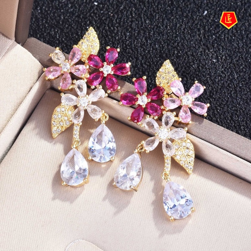 [Ready Stock]Sweet Pink Crystal Flower Stud Earrings Fairy Design