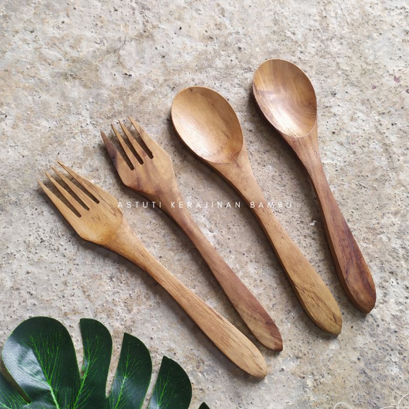 SENDOK GARPU KAYU JATI/alat makan kayu/sendok garpu kayu jati/cutlery/sendok kayu/garpu kayu/souveni