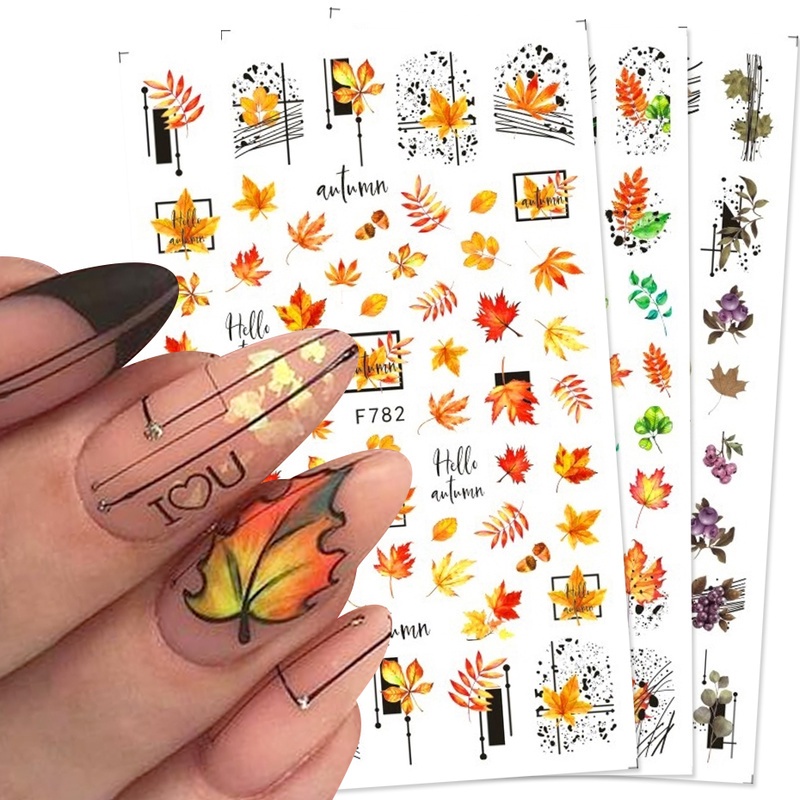 1 Sheet Pack 3D Maple Leaf Black Line Flower Design Nail Foils / Autumn Leaf Flower Line Adhesive Sliders Gold Nail Art Decals / Water Transfer Nail Decal / Manicure Art Decorations / DIY Nail Makeup Tools