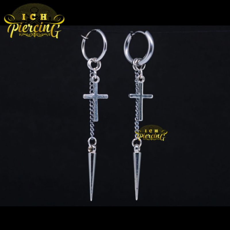 Anting Hoop gantungan model Salib Rantai  Anting Jepit dan Tindik PUNK KOREA Titanium steel