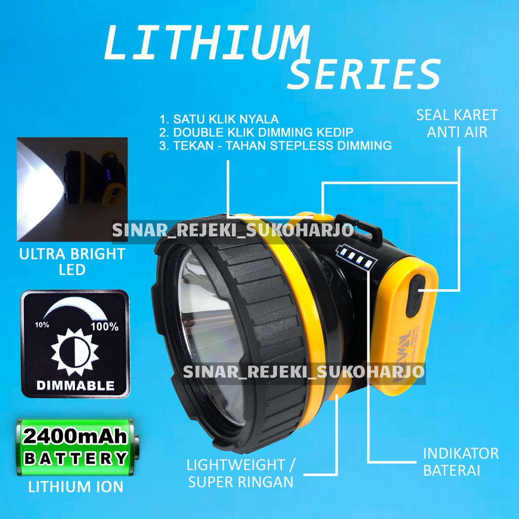 Meval Senter Cas Kepala Jumbo Lithium Sorot Jarak Jauh Helios 65 Watt 30 Watt HEAD LAMP HEADLAMP Charge Baterai Isi Ulang