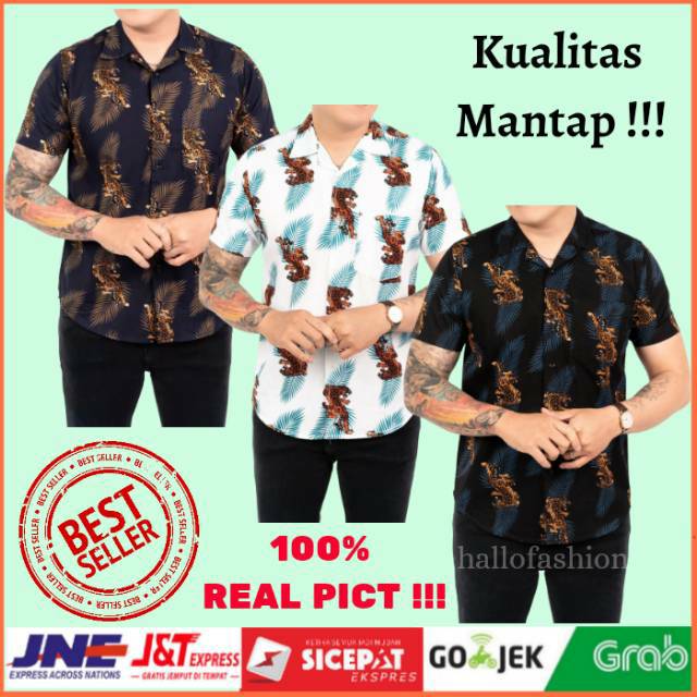 Kemeja Santai Pria Motif Daun Leaf Lengan Pendek Kemeja Pantai Pria Hawai Hawaii Cowok Kasual HF004