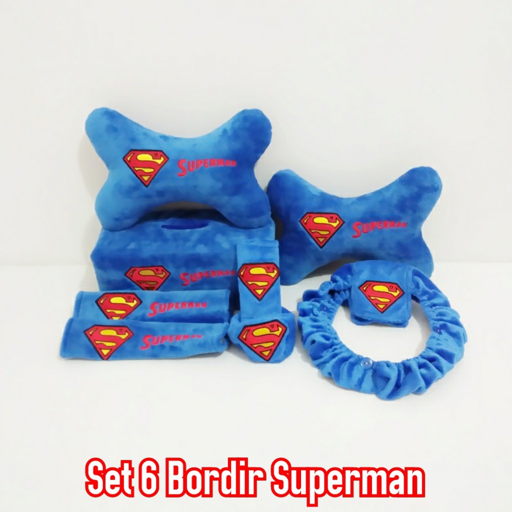 Bantal mobil Sandaran Penyangga Kepala set 6 bordir Superman Biru