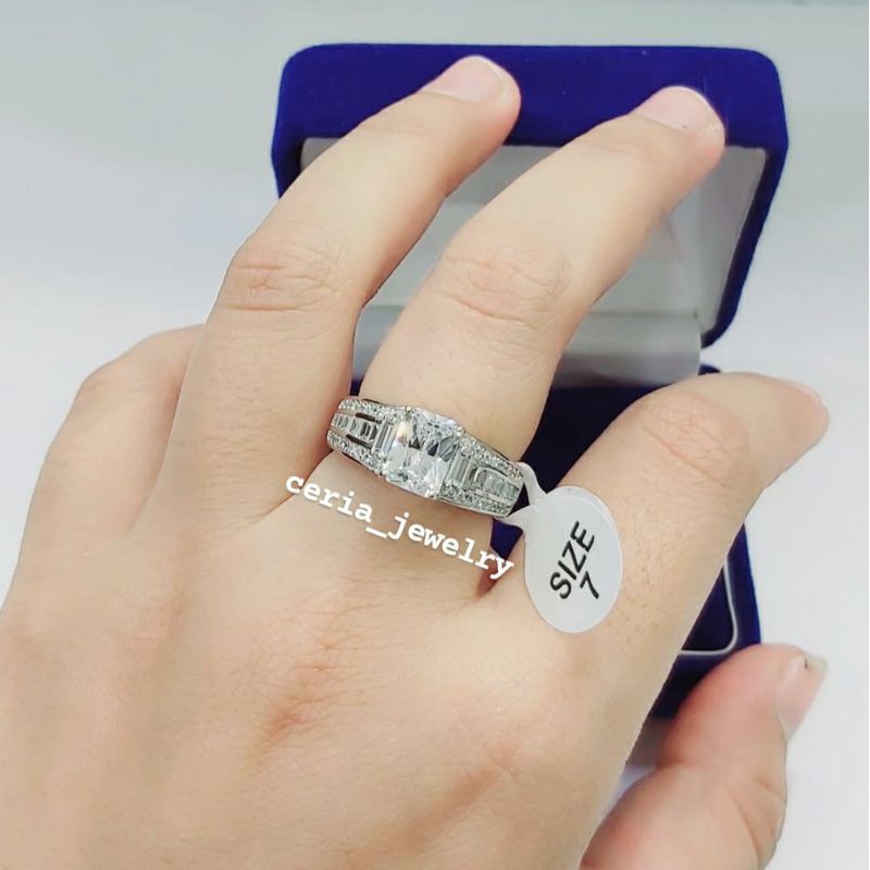 Cincin Perak Asli Silver Wanita 925 Lapis Emas Putih Model Mata Kristal Putih Terbaru