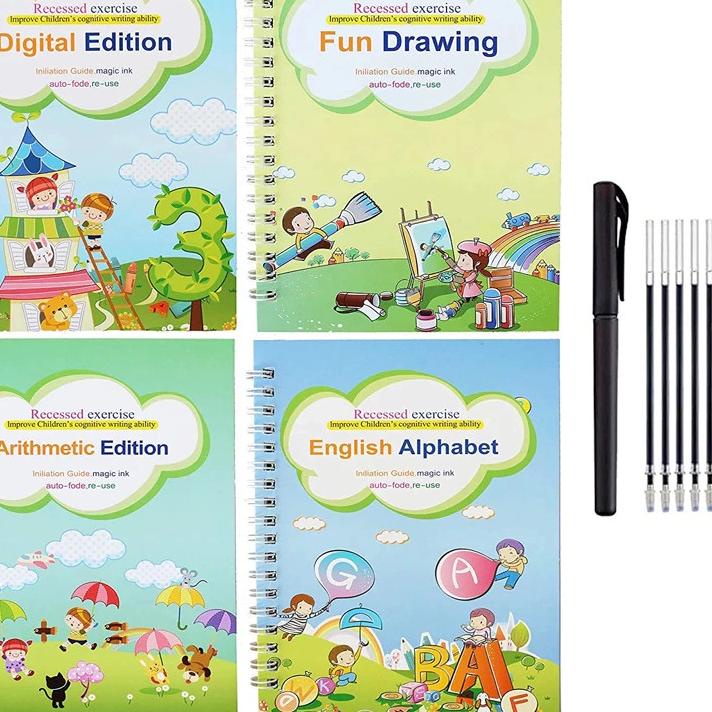 

Terlaris 1set 4 Buku Magic Pratice Book Buku Anak Belajar Menulis Buku 3D ,.