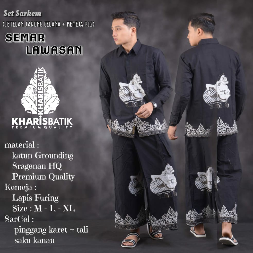 SEMAR LAWASAN SET SARKEM Sarung Celana DAN Kemeja Batik Pria Lengan Panjang  FULL FURING KHARIS