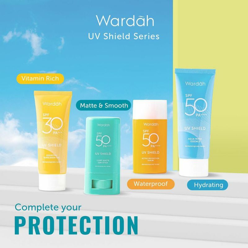 WARDAH UV SHIELD ESSENTIAL SUNSCREEN GEL SPF 30 SPF 50 ACTIVE PROTECTION SERUM/SUNSCREEN STICK / WARDAH SUNCARE / WARDAH SUNSCREEN