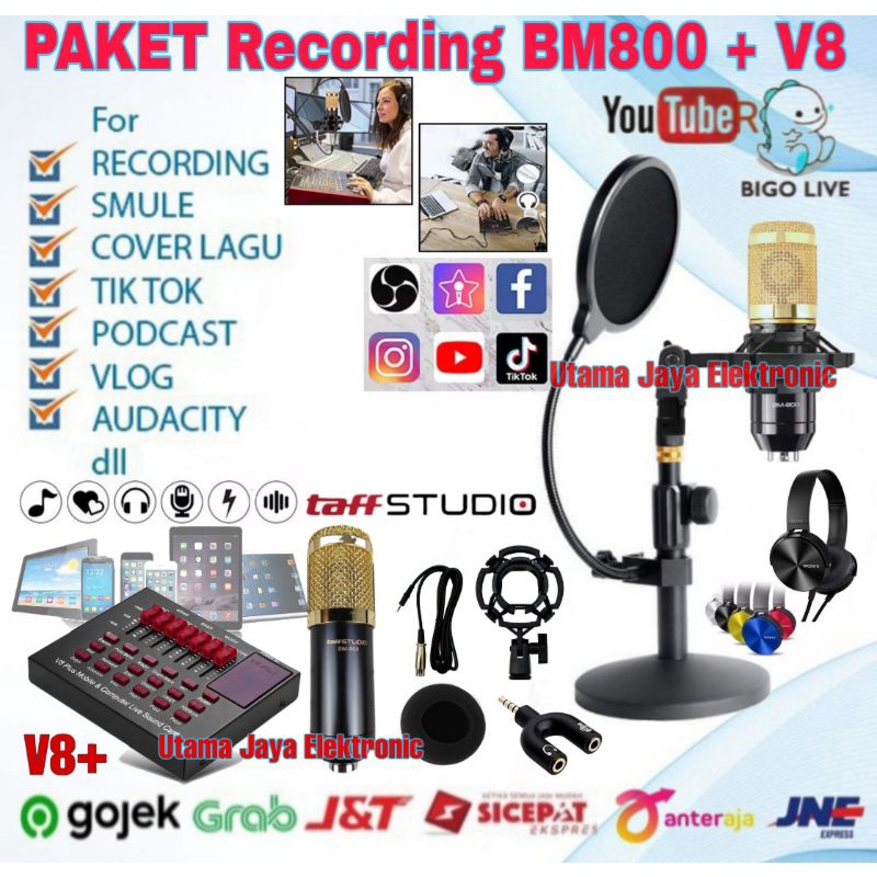 Paket Hemat Mic BM800 Soundcard V8 plus Stand Meja Pop Filter Home Recording Mikrofon Kondenser