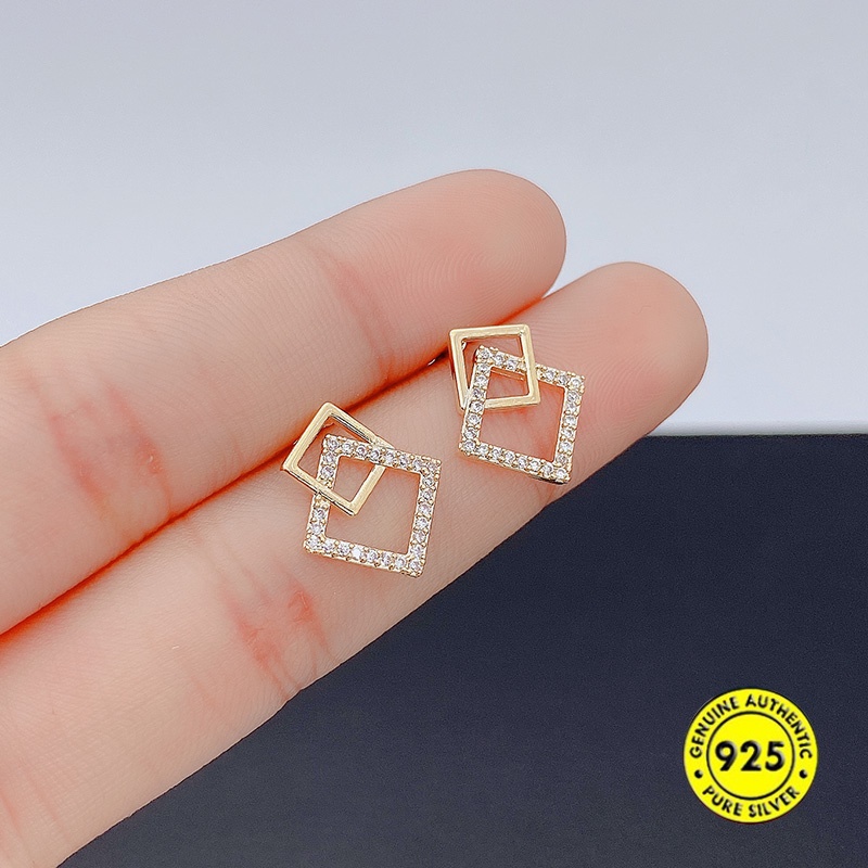 Anting Berlian Imitasi Bentuk Persegi Geometris Untuk Wanita