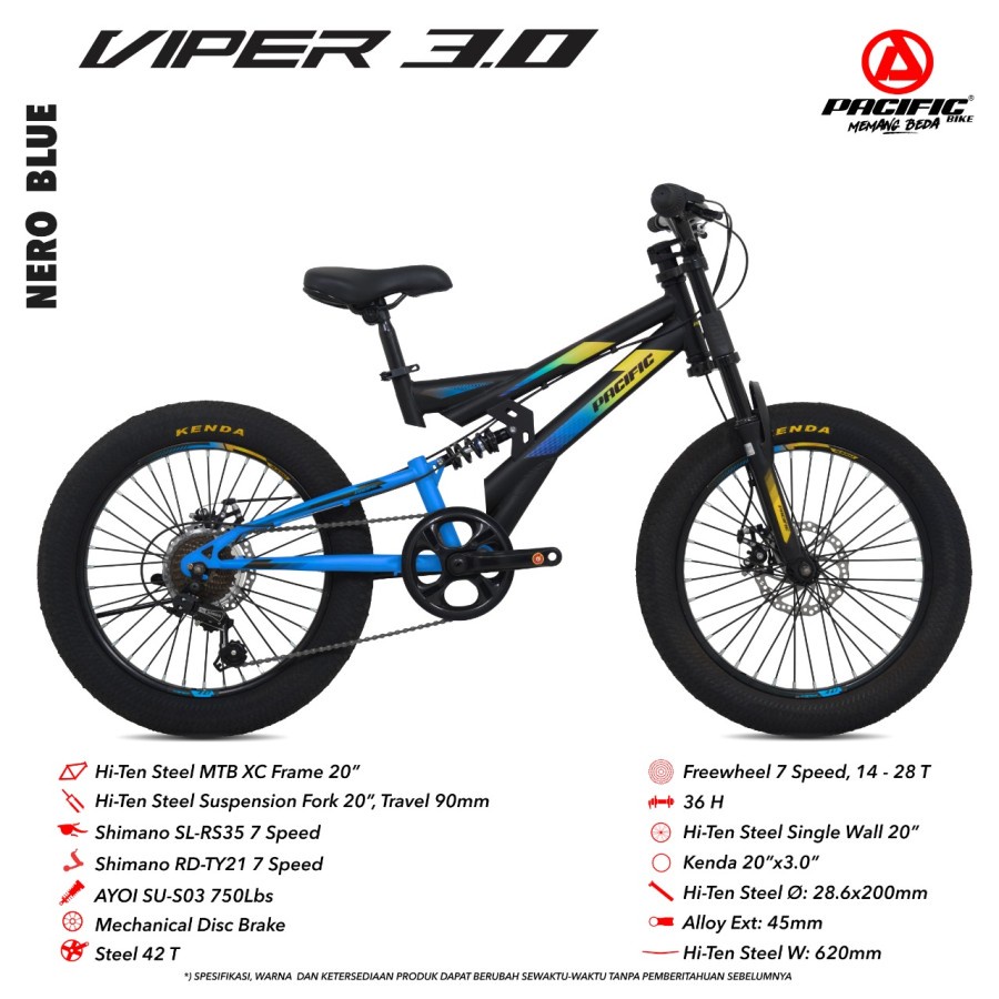 SEPEDA GUNUNG ANAK PACIFIC VIPER 3.0 20“ 7 SPEED FRAME STEEL MECHANICAL DISC BRAKE MOUNTAIN BIKE