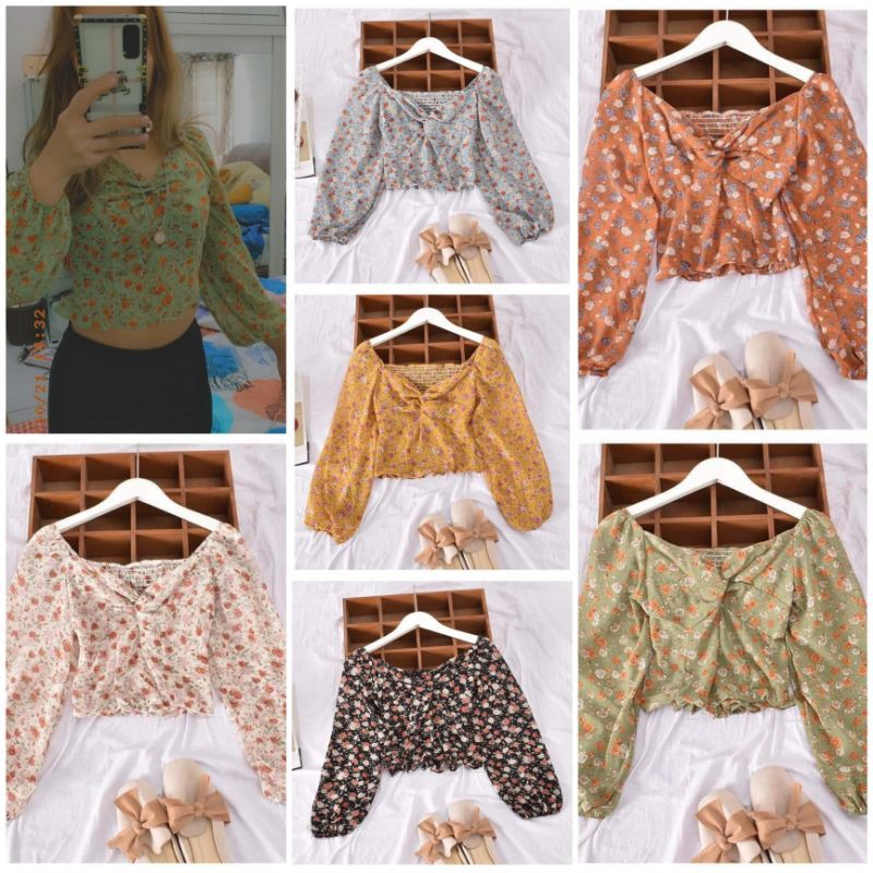Ready croptop chiffon lengan panjang baju atasan wanita style korea fashion murah import bkk bangkok