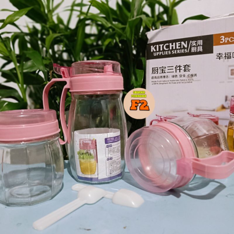 KITCHEN JAR SET 3 PINK TEMPAT BUMBU DAN MINYAK bahan kaca+Bubble warp