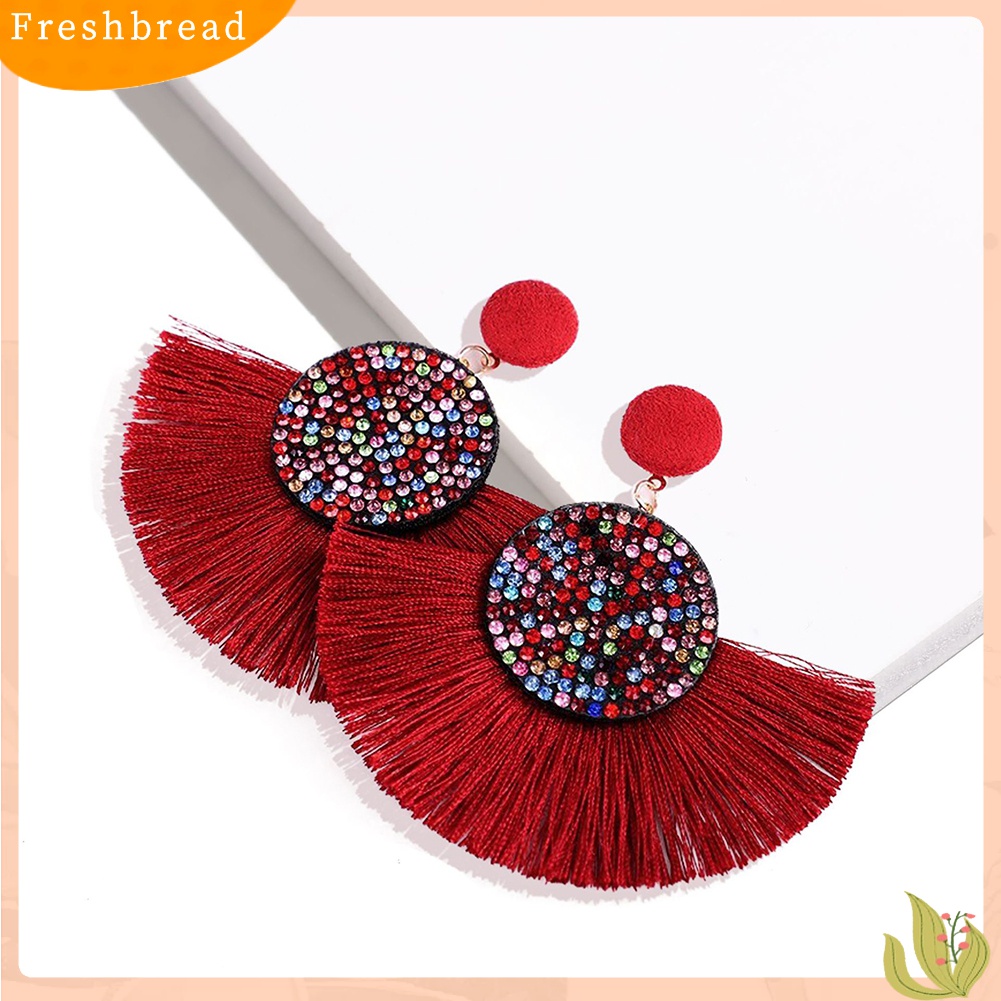 Terlaris Bohemia Women Fan Shape Tassel Rhinestone Inlaid Ear Stud Earrings Jewelry Gift