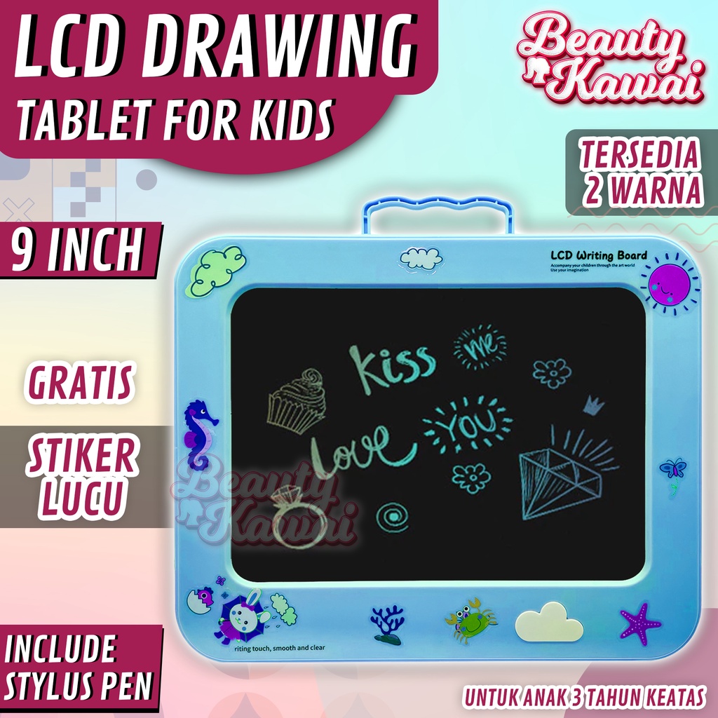 LCD Drawing Papan Tulis Anak Baterai Lithium 9 Inch Sticker Free