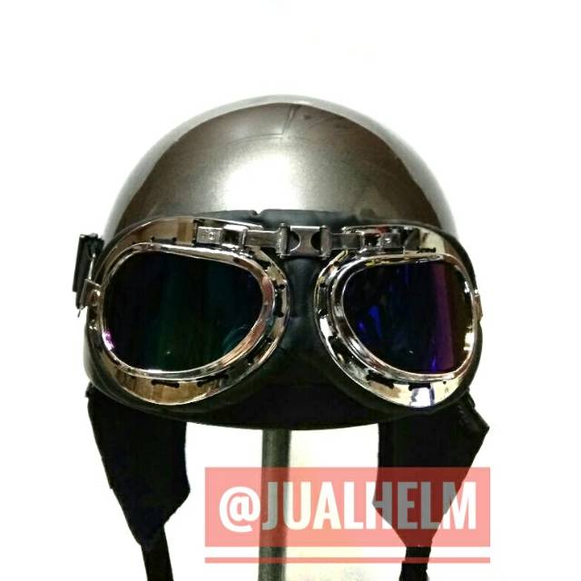 Helm Chips/Helm Vintage Gunmetal Glossy Dengan Kacamata Goggle