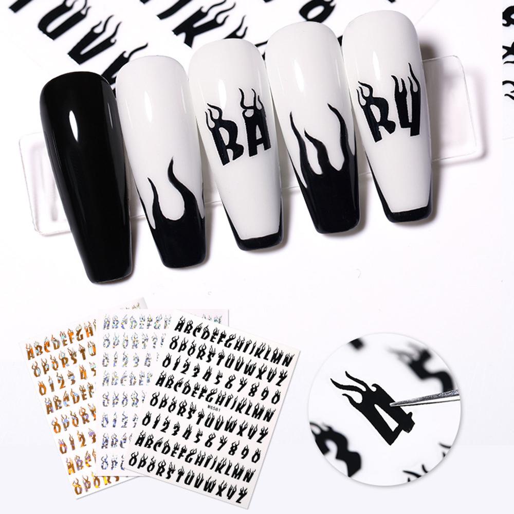 AUGUSTINA Agustina Flame Letter Nail Art Sticker Fashion Angka Pola Laser Foils Dekorasi Kuku DIY