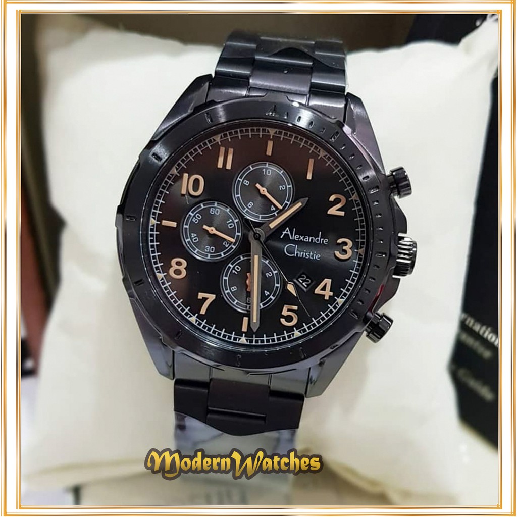 Jam Tangan Pria Ori Alexandre Christie AC 6556 Hitam Full Black Gold Rantai Stainless Sporty 10 ATM