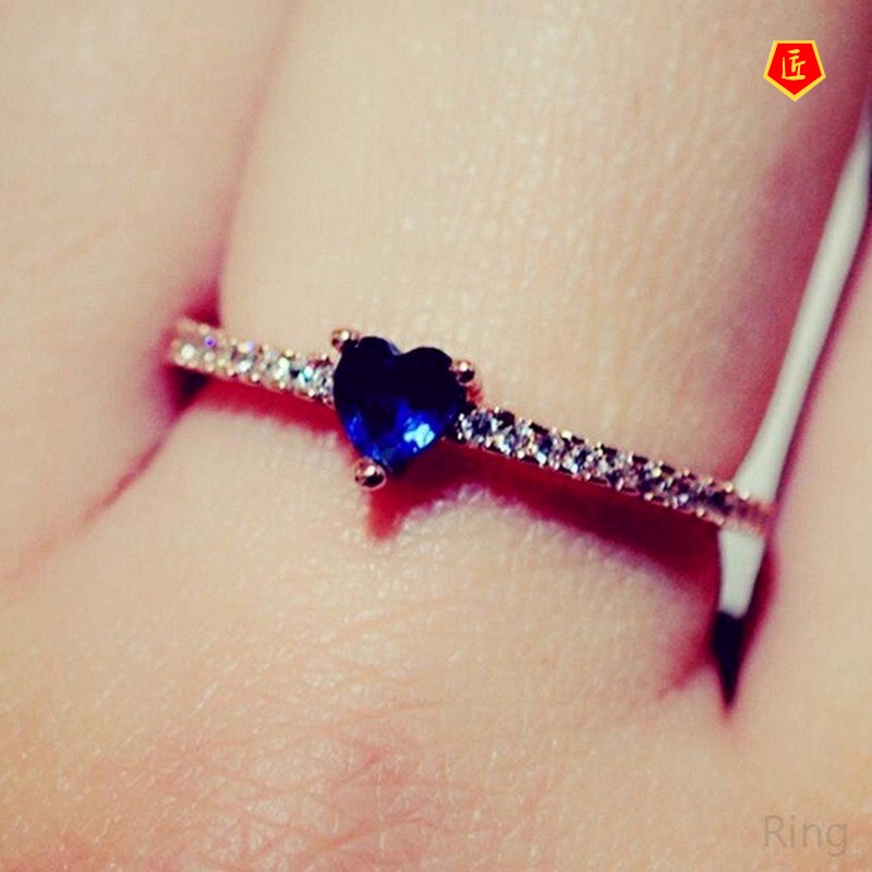 [Ready Stock]Simple Personality 18K Rose Gold Heart-Shaped Blue Diamond Ring