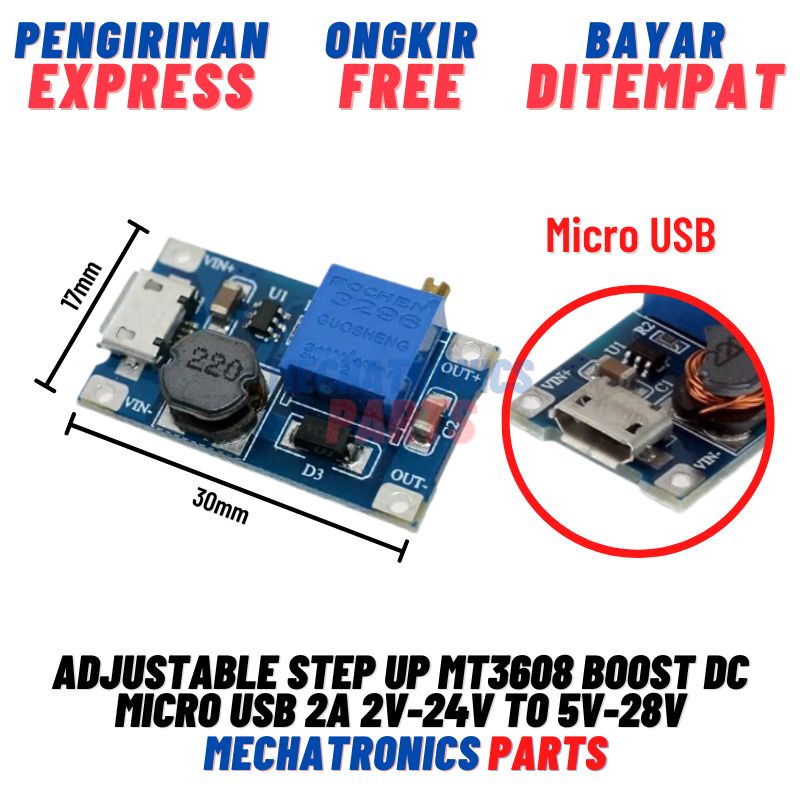 MT3608 ADJUSTABLE STEP UP BOOST DC MICRO USB 2A 2V 24V TO 5V 28V