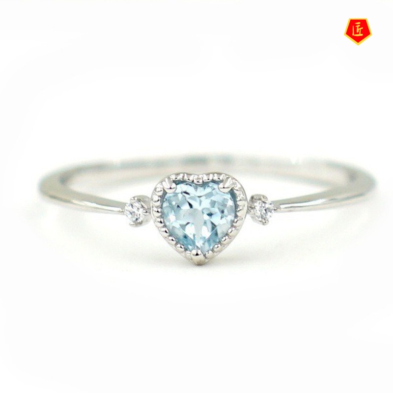 [Ready Stock]Women's Inlaid Navy Blue Topaz Heart-Shaped Ring Simple and Elegant