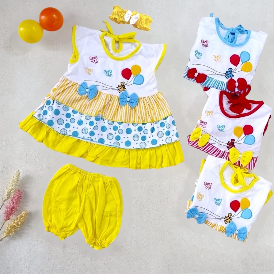 Setelan Baju Bayi Perempuan + Bando (0-12 Bulan) Dress Baju Bayi Perempuan Rok Bayi Bando Bayi Bandan Bayi Baju Celana Bayi