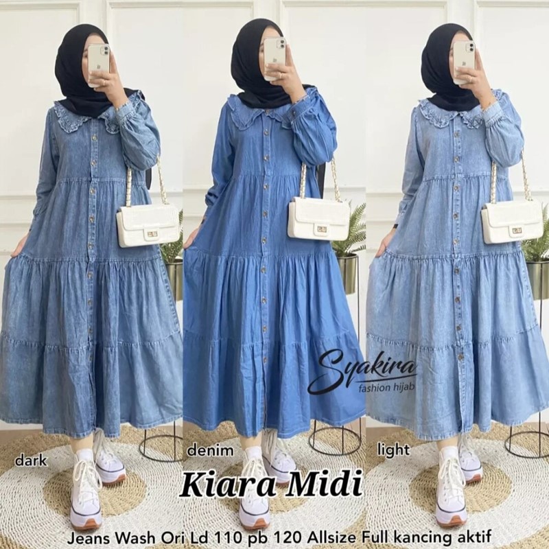 Kiara Midi Dress Jeans - Baju Gamis Susun Busui Full Kancing Polos Denim Long Dres Midi Jumbo