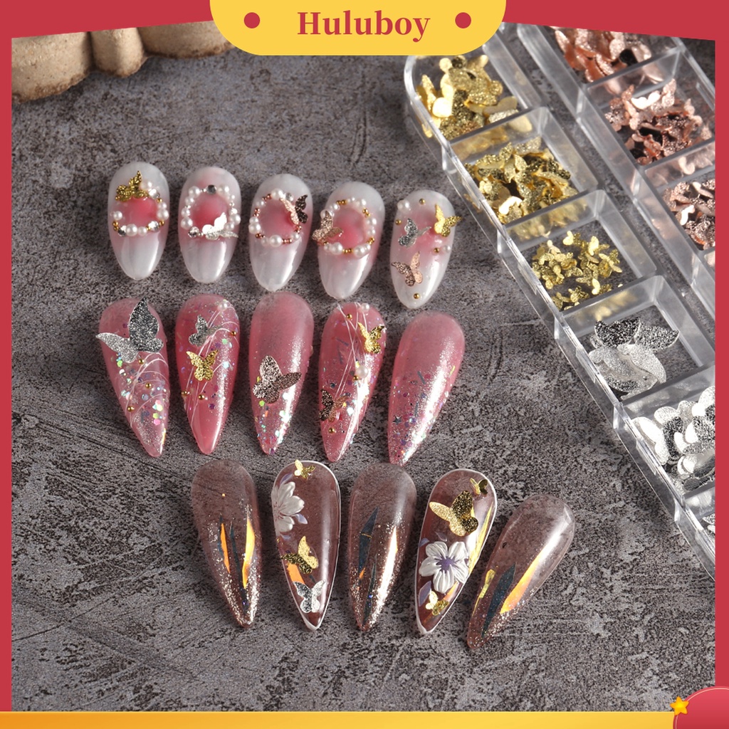 Huluboy Huluboy♡ 1 Kotak Dekorasi Nail Art 3D Bentuk Kupu-Kupu Bahan Metal Tahan Pudar Untuk Manicure