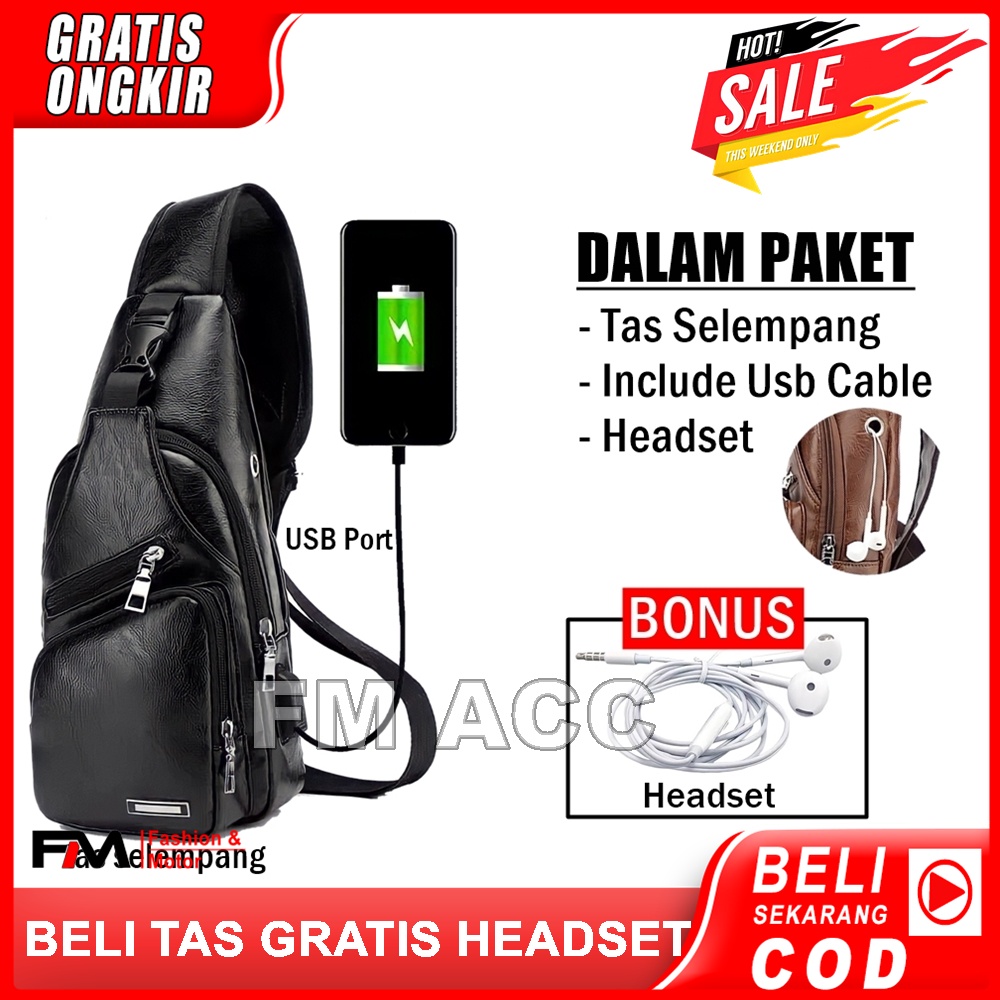 PROMO-Tas Selempang Tas Waisbag USB Kulit Premium FREE Headset Earphone Termurah &amp; Terbaru 2021