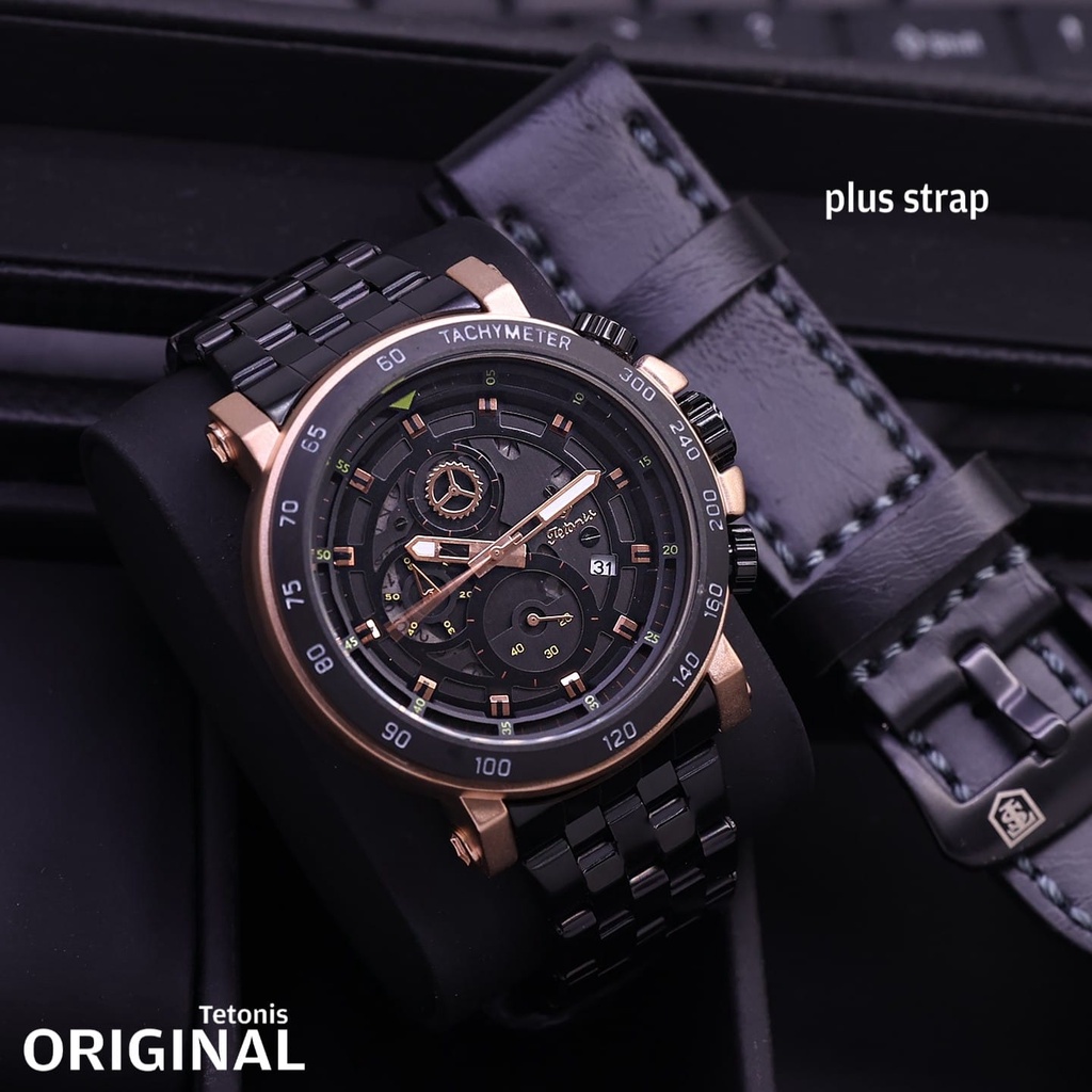 Grosiran Jam Tangan Pria Tetonis 46275TL Analog Strap Stainless Steel Tanggal dan Chrono On Include Box Exclusive dan Strap Kulit Cadangan (COD)