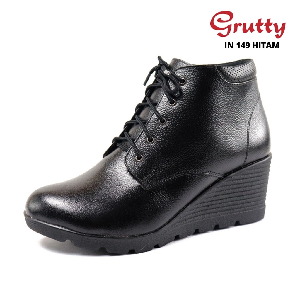 Sepatu Wanita Boots Grutty Hak Wedges Model Tali 36-40 Bahan Kulit Sapi Asli Warna Hitam