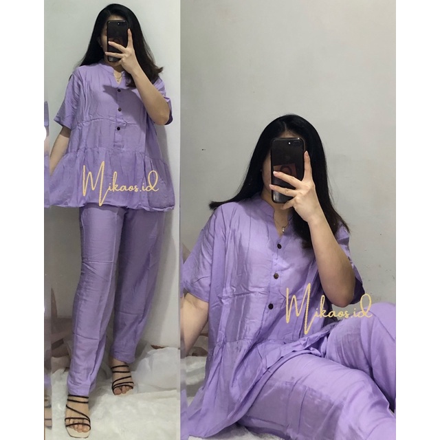 (COD) One set Piyama Abstrak Jumbo fit to Ld120cm | one set piyama rayon jumbo | one set pajamas Jumbo-Lilac LD120cm