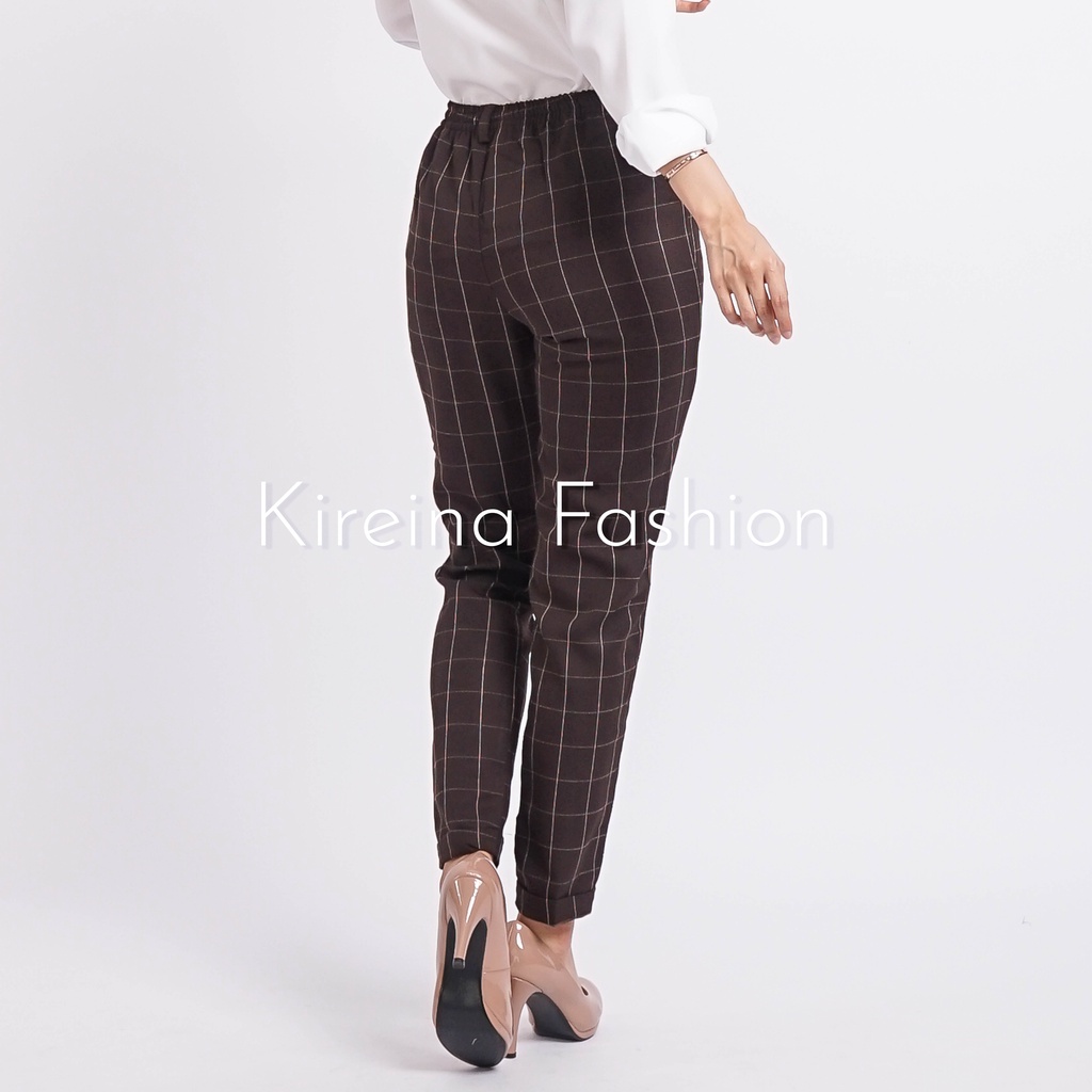 Celana Kotak Wanita Celana Kerja Wanita Baggy Pants Celana Tartan Bahan gabardin | Kireina Fashion