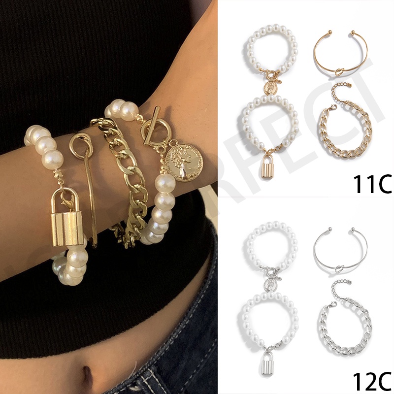 Eropa Dan Amerika Baru 4 * Pcs Set Rantai Tulang Ular Liar Wanita Kepribadian Sederhana Kuba Rantai Gelang Berlian Fashion Aksesoris