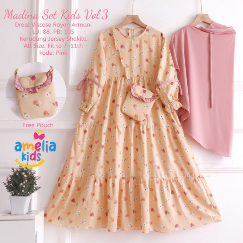 Baju setelan dress anak perempuan muslim hijab Madina set kids vol. 3 ori by Amelia kids